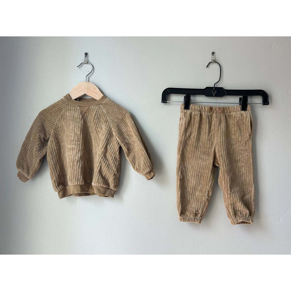 H&M Ribbed Velour Matching Trackset Caramel Sweatshirt Pants 9M Scandi Neutral